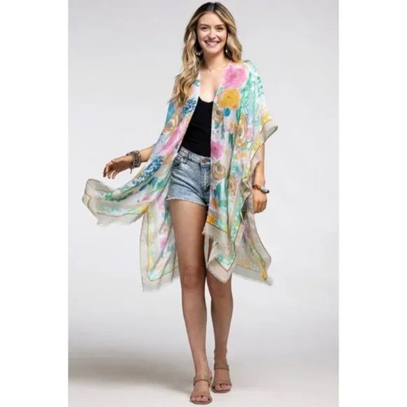 Beige Floral Print Contrast Border Spring Summer Kimono Open Wrap Coverup Top - Picture 1 of 5